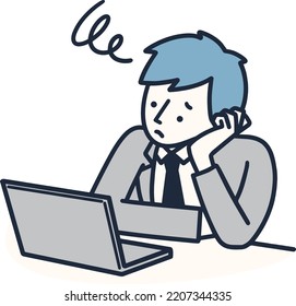 Company employee man with troubled face in front of laptop computer Simple Illustration