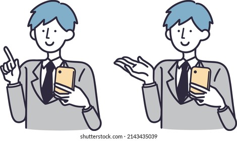 Company employee, pointing male, simple illustration