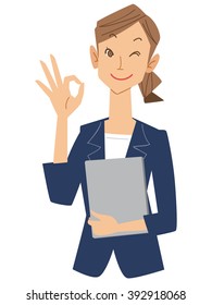 Company employee woman of issuing a Ok sign