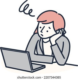 Company employee woman with troubled face in front of laptop computer Simple Illustration