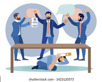 Company employees are in conflict and the man hid from a dispute under the table. Cartoon vector illustration