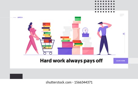 Company Employees Deadline Website Landing Page. Businesswoman Pushing Shopping Cart Full of Documentation. Businessman Look on Huge Heap of Documents Web Page Banner. Cartoon Flat Vector Illustration