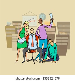 Company employees discuss with the director. Brainstorming meeting on the background of office interior. Sketch. Vector illustration
