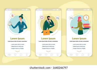 Company Employees Onboarding App Screen Template. Corporate Professions Website, Application Walkthrough with Flat Characters. Business Analyst, Project Manager and Secretary App Pages Concept