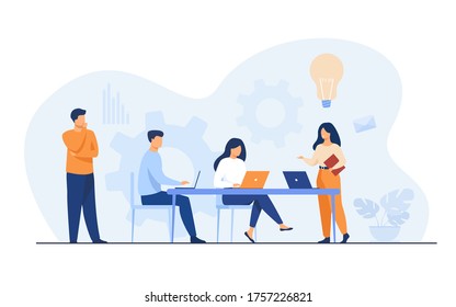 Company Employees Planning Task And Brainstorming Flat Vector Illustration. Cartoon People Sharing Ideas And Meeting. Teamwork, Workflow And Business Concept