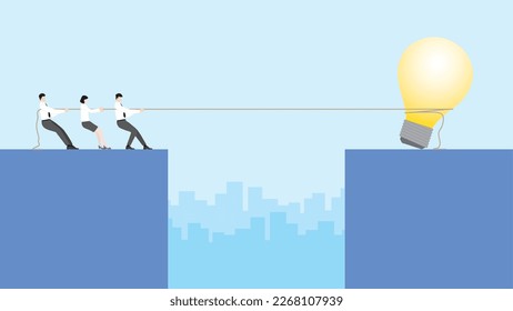 Company employees pull a rope big light bulb. Office colleagues team work as teamwork on a new project. Business idea, innovation, creation, inspiration, work hard, start-up, and creativity concept.