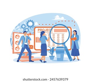 Company employees set work schedules. Complete work on time. Project management concept. Flat vector illustration.