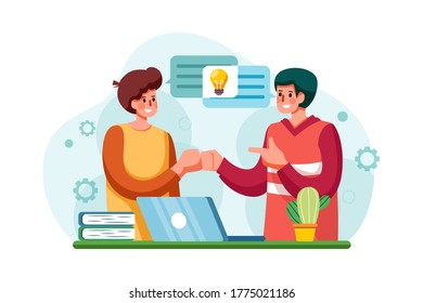 Company employees sharing thoughts and ideas. Vector Illustration concept. svg