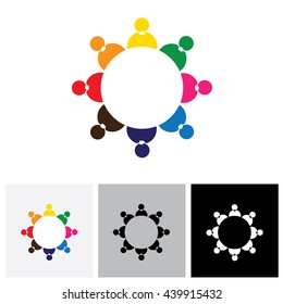 Company Employees Or Staff Members Together As A Team - Vector Logo Icon. This Also Represents Kids Playing Together, Social Network, Team Building, Round Table Meetings