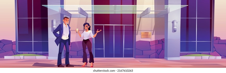 Company employees talk near office in business center, coffee break. Vector cartoon illustration of people at entrance of modern city building with glass canopy and double doors