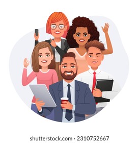 Company employees, teamwork. A business team of successful happy people. A multicultural group of young professionals, developers, or a creative group. Vector illustration in cartoon style.