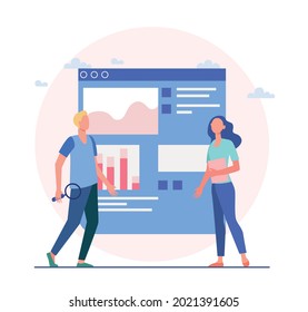 Company employees use web search to find ideas for doing business for the company. Colorful vector illustration.