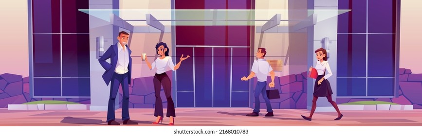 Company employees walk to office in business center. Vector cartoon illustration of people at entrance of modern city building with glass canopy and double doors