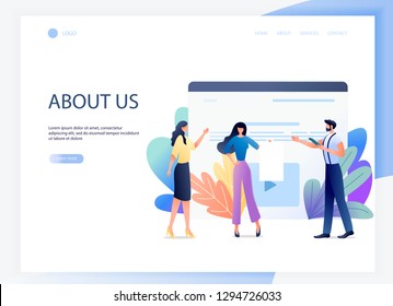 Company employees in workspace, office life, about us. Landing web page design template. Business concept vector illustration