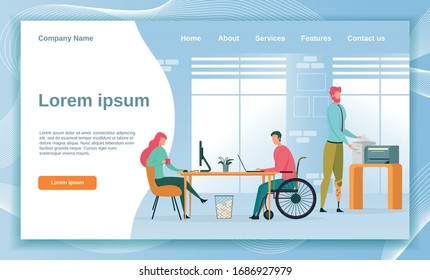 Company Employing People with Disability. Busy Office. Woman Working with PC, Sitting Opposite Colleague in Wheelchair. Man with Artificial Leg Making Copy. Landing Page with Copy Space.