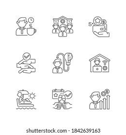 Company Employment Benefits Linear Icons Set. Healthy Working Conditions. Professional Occupation Customizable Thin Line Contour Symbols. Isolated Vector Outline Illustrations. Editable Stroke