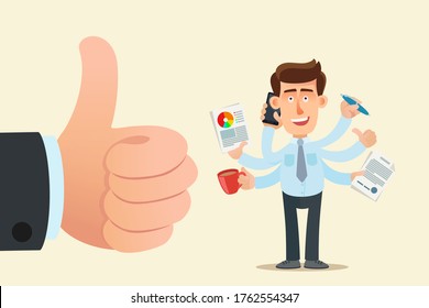 Company encourages workaholism and overtime. Big thumb up and small office worker - workaholic with lot of works, tasks. Business vector illustration, flat cartoon style, isolated background.