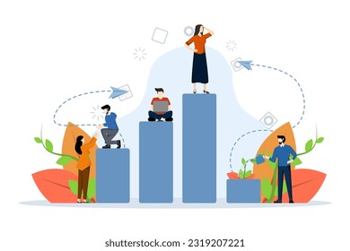 company engaged in construction together column graph, career rise to success, flat color icon, business analysis vector, Vector creative illustration of business graph.