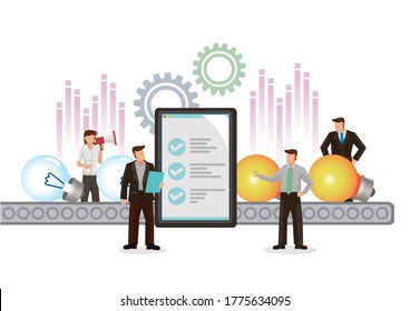 Company engaged in ideas development, fill empty bulb with ideas through analytics. Flat vector creative illustration.