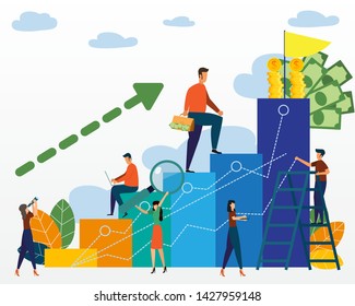 Company is engaged in the joint construction of column graphs, the rise of the career to success,business analysis. Business teamwork and creative growing graphs for money success. Vector illustration