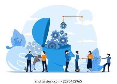 the company is engaged in joint search for ideas, the head of the abstract person, full of ideas and analysis thinking, generating ideas. Creative illustration vector of business graph.