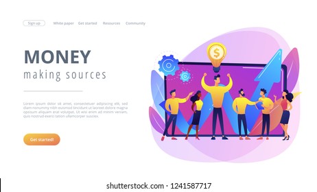 Company enployees and leader having successful money-making idea. Intellectual capital, company human resources, money-making sources concept. Website vibrant violet landing web page template.