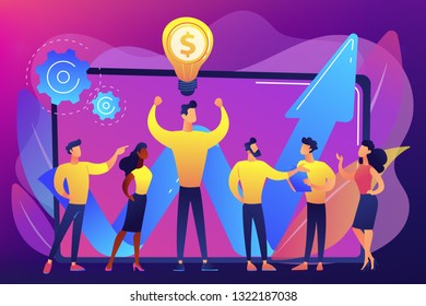 Company enployees and leader having successful money-making idea. Intellectual capital, company human resources, money-making sources concept. Bright vibrant violet vector isolated illustration
