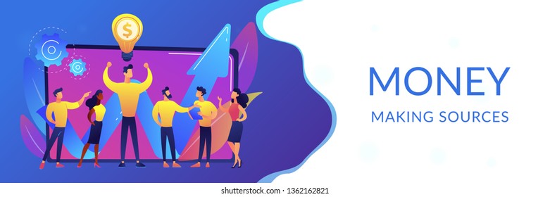 Company enployees and leader having successful money-making idea. Intellectual capital, company human resources, money-making sources concept. Header or footer banner template with copy space.