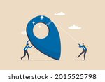 Company establishment, entrepreneurship start new business, create corporate pin in search engine map concept, businessman company founder building office pin making business contact address.