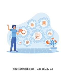 IT-Experte des Unternehmens steht während des Betriebs des Laptops. Enthält Marketingsymbole, die an Finanzkarten und Grafiken von KPI angeschlossen sind. Unternehmensanalyse-Konzept. Trend-Moderne Vektorgrafik