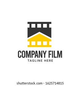 Company film maker logo design. Film strip with antique building vector illustration for movie studio production graphic template.