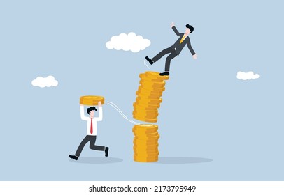 Company financial problem or bankruptcy due to corruption or fraud, business collapse, embezzlement concept. Dishonest employee stealing coins from company money stack.