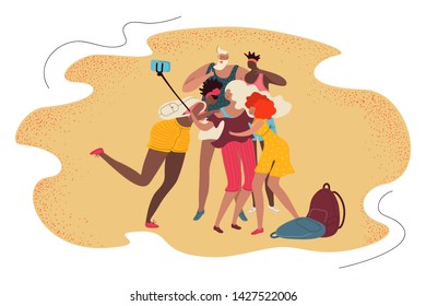 A company of five fun friends make selfies. Flat vector summer illustration in modern style. For summer banners, posters, posters, cards.