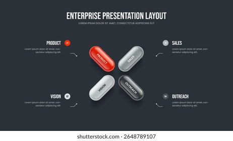 Company Forecast Four Step Infographic Presentation Design. Project Portfolio 4 Element Diagram Slideshow Layout. Consulting Development Slide Template Vector Illustration.