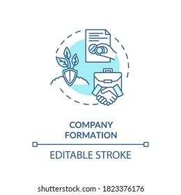 Company formation concept icon. Business partners handshake. Official document seal. Incorporation creating idea thin line illustration. Vector isolated outline RGB color drawing. Editable stroke