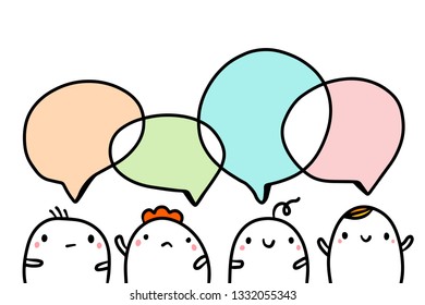 Company of four cute marshmallows talking hand drawn illustraton with speech bubbles cartoon minimalism