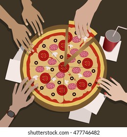 The company of friends eats pizza.On image we see thier hands.