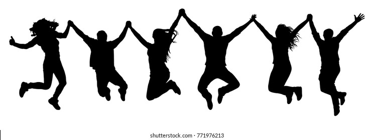 Company of friends, happy jumping people silhouette