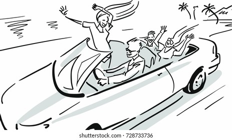 The company of friends is riding in an open-topped car along the coast with palms. Black and white vector sketch. Simple drawing at white background.