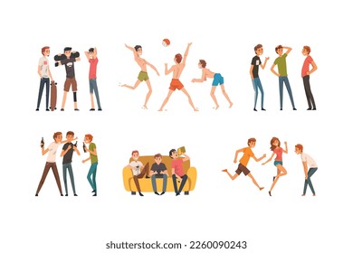 Company of Friends Spending Time Together Talking, Playing Volleyball, Drinking Beer and Playing Game Vector Set