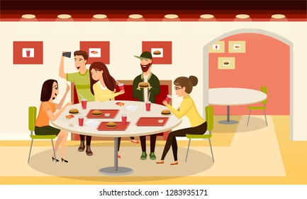A company of friends talking at a table in a fast food restaurant, selfie, discuss the news. People smile laughing. Girl and man on vacation. Stylish vector illustration style cartoon flat
