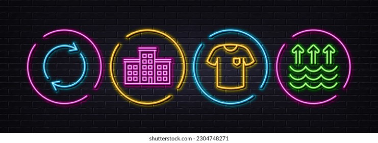 Company, Full rotation and T-shirt minimal line icons. Neon laser 3d lights. Evaporation icons. For web, application, printing. Building, Refresh or reload, Short sleeves shirt. Global warming. Vector