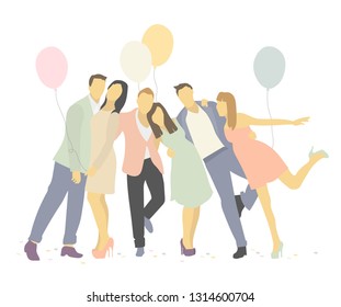 Company of funny people with balloons. Happy positive friends spend time together enjoying. Happy men and women having fun. Group of young joyful people. Successful cheerful teamwork. Group of worker