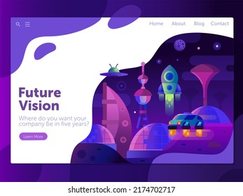 Company future vision banner with futurist city on mars. Space colonization themed web landing page with human colony on moon or alien planet surface. Universe exploration landscape.