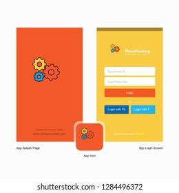 Company Gear setting  Splash Screen and Login Page design with Logo template. Mobile Online Business Template