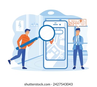 Company Geo location Logistics Analysis. Businessmen Analyzing Product Delivery Route on Cellphone Screen with Magnifying Glass, Searching Ways to Optimize Transportation Costs.