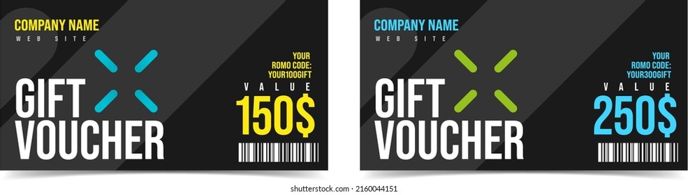 Company gift voucher with 150 and 250 dollar reward. Special offer and discount available with promocode and qr code on web site vector illustration isolated on white background