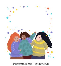 Company of girls of different nationalities have fun and celebrate, cute characters in a cartoon style. Copy space. Birthday, anniversary party celebration, holiday, Happy New Year , hand-drawn .