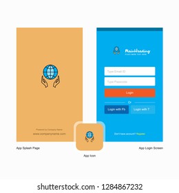 Company Globe in hands Splash Screen and Login Page design with Logo template. Mobile Online Business Template