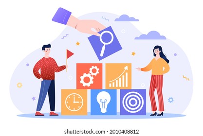 Company goal achievement concept. Man and woman make up a strategy for achieving high results in business. Increase in sales. Cartoon modern flat vector illustration isolated on a white background